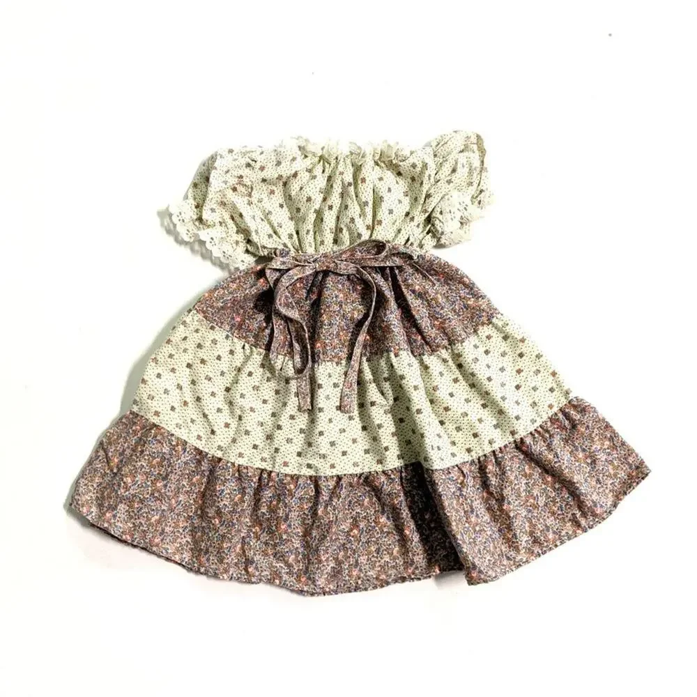Vintage Lil Airess Dress Girls Size 4 Floral Prairie Neutral Brown Tiered